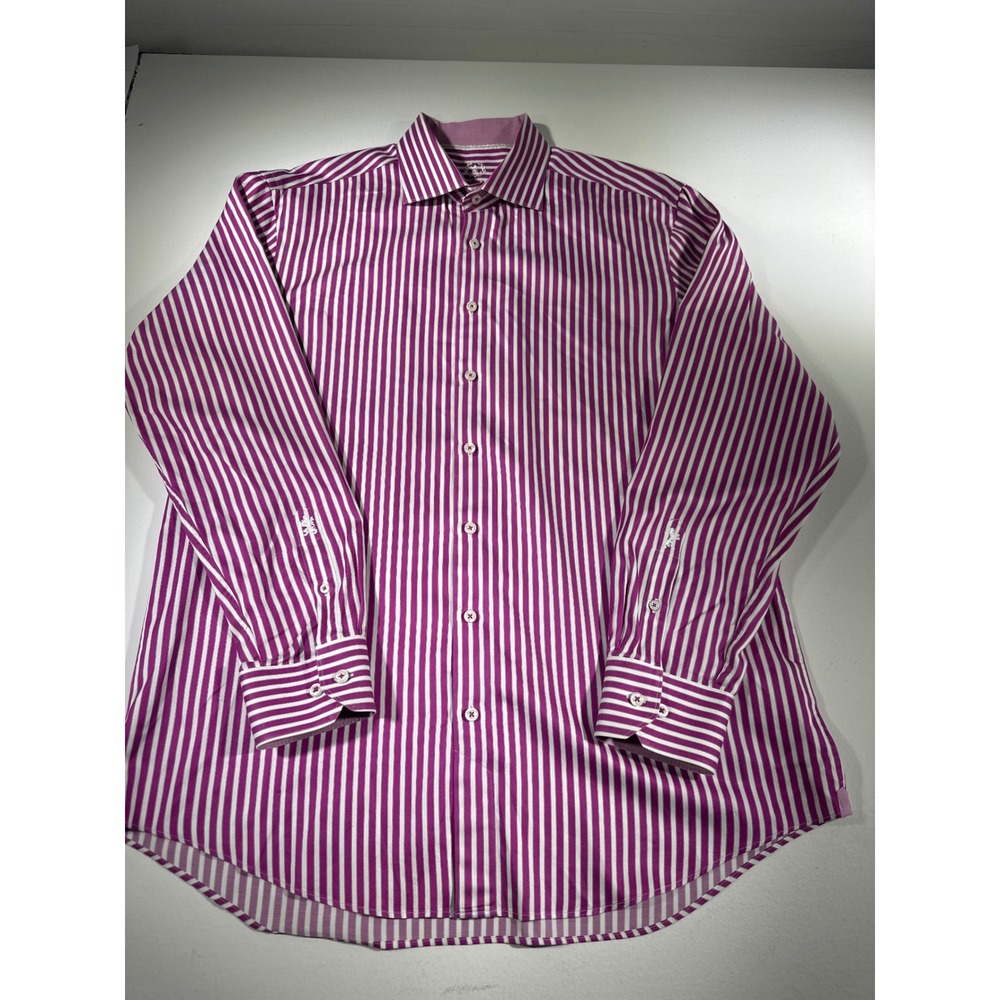 Bugatchi Uomo Mens Purple White Striped Button Down Dress Shirt Size 18 44